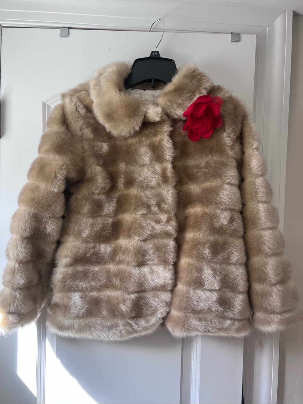 Plush Faux Fur Coat in Light Beige with Red Flower Accent